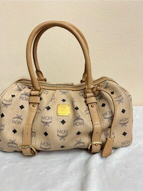 MCM Beige Visetos Logo Satchel with Tan Trim and Gold Plate